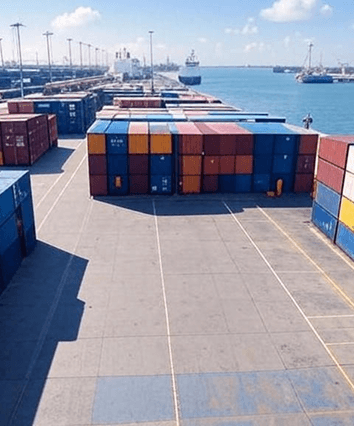 Container port with shipping containers and cranes